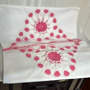 Pair of vintage pillowcases pink white crochet unique 
50s